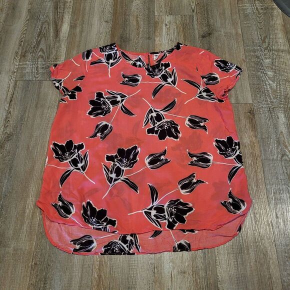 Old Navy Short Sleeve Black Floral on Pink Blouse Womens Size Large - Picture 1 of 6